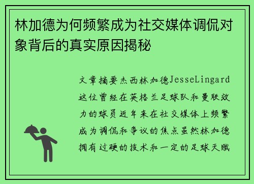 林加德为何频繁成为社交媒体调侃对象背后的真实原因揭秘